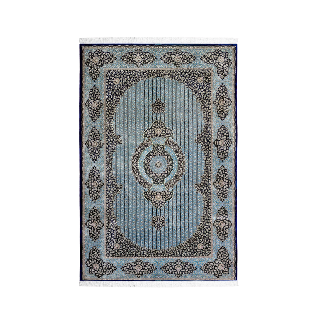 Panel Medallion Persian handmade silk rug in Blue, 298 × 196 cm