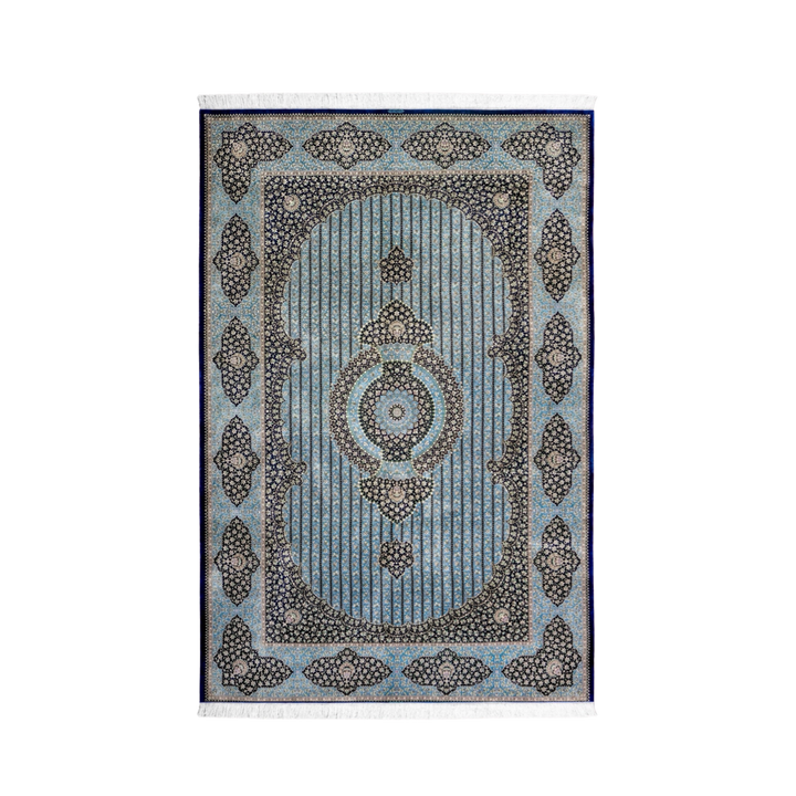سجادة فارسية حريرية مصنوعة يدويًا Panel Medallion، بلون أزرق، 298 × 196 cm