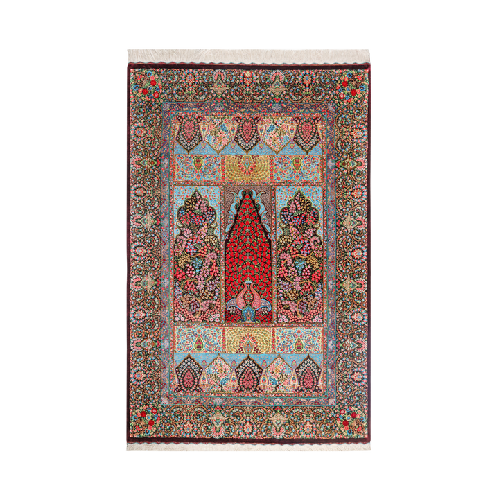 Three Mihrab Panel Persian handmade silk rug in Dark Red, 201 × 134 cm