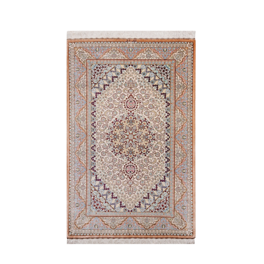 Medallion Persian handmade silk rug in Beige, 159 × 99 cm