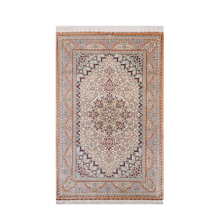 Medallion Persian handmade silk rug in Beige, 159 × 99 cm