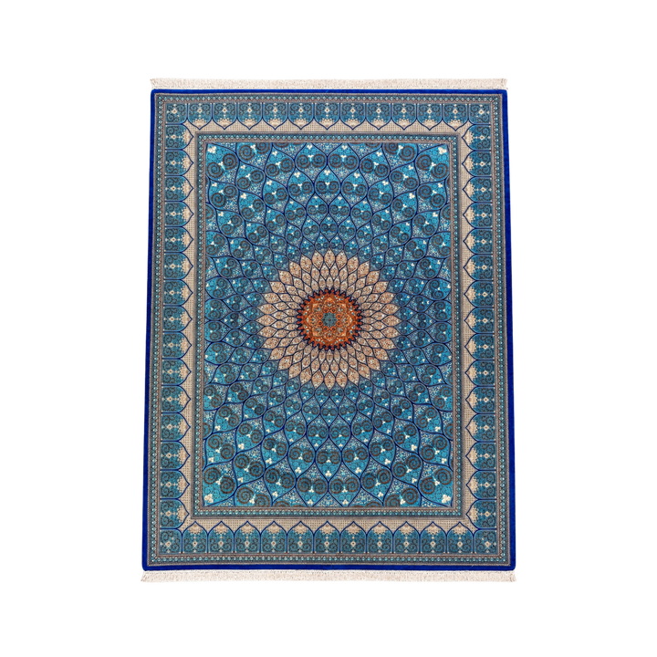 Islamic Persian handmade silk rug in Blue, 342 × 242 cm