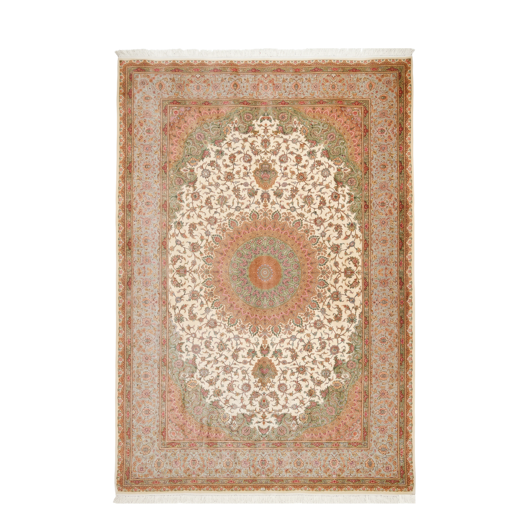 Floral Medallion Persian handmade silk rug in Beige, 357 × 245 cm