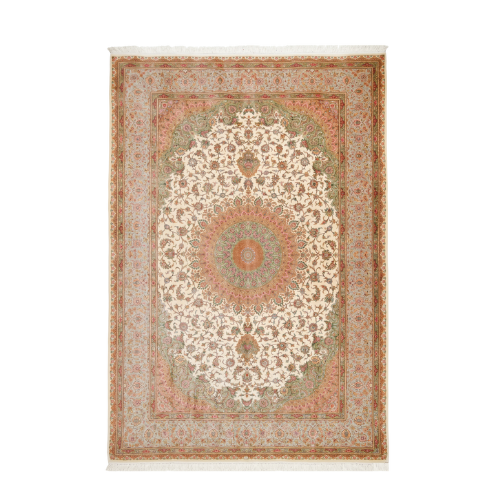 Floral Medallion Persian handmade silk rug in Beige, 357 × 245 cm