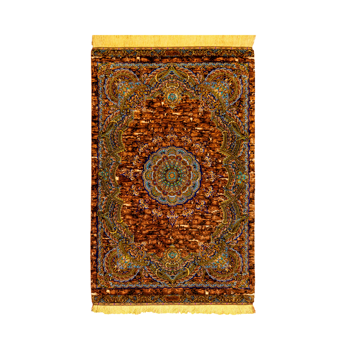Central Medallion Persian handmade silk rug in Brown, 158 × 101 cm