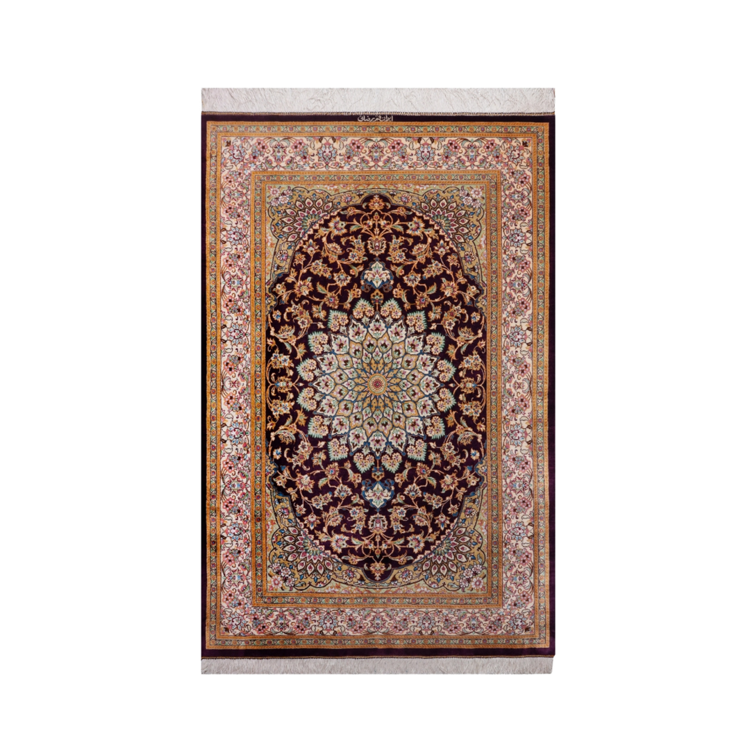 Medallion Persian handmade silk rug in Dark Red, 150 × 98 cm