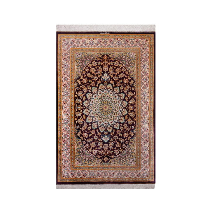 Medallion Persian handmade silk rug in Dark Red, 150 × 98 cm