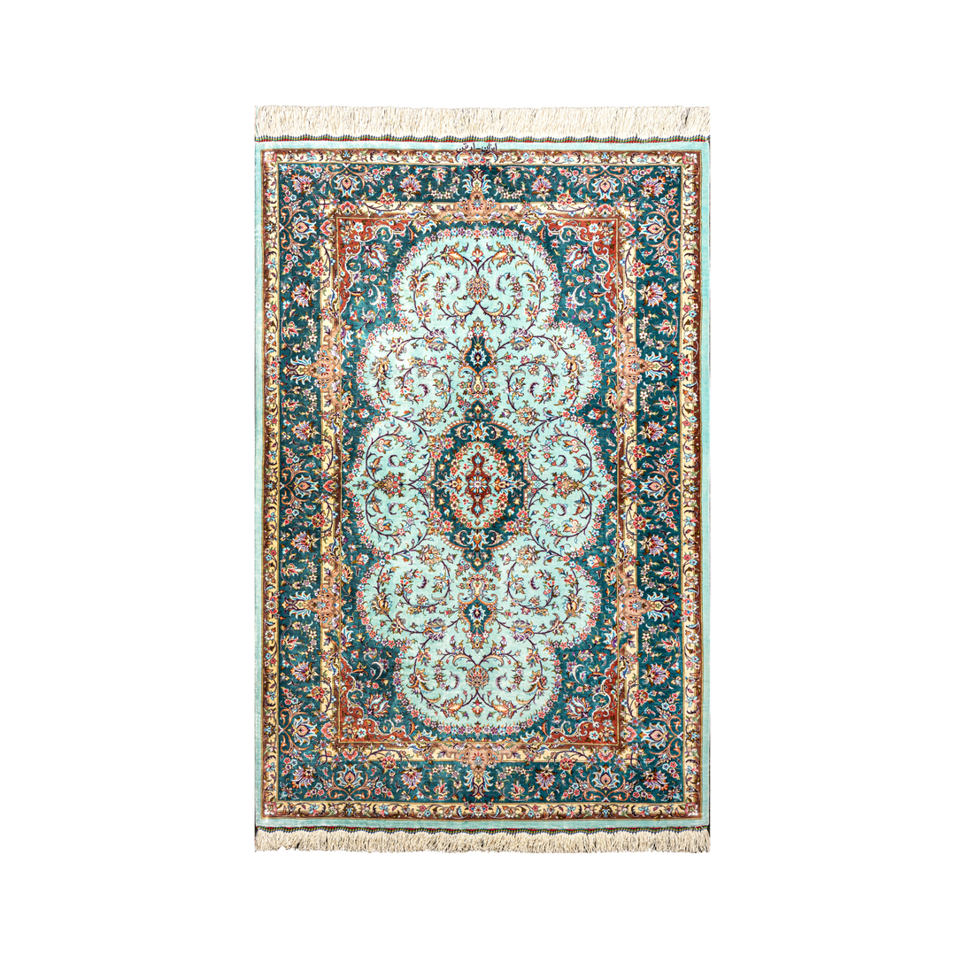 Central Medallion Persian handmade silk rug in Light Blue, 155 × 101 cm