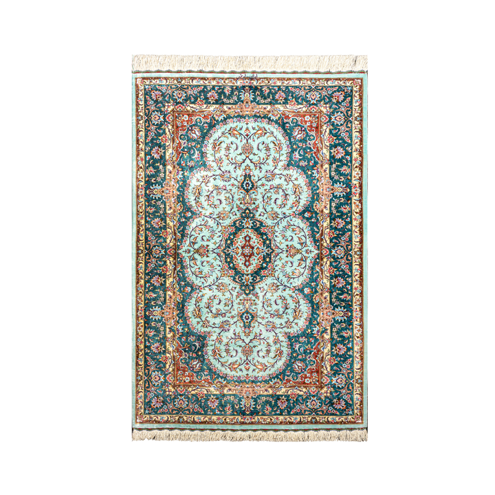 Central Medallion Persian handmade silk rug in Light Blue, 155 × 101 cm