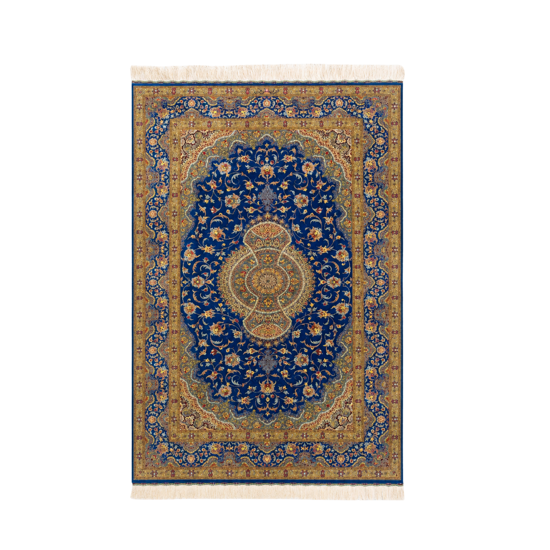 Mihrab Persian handmade silk rug in Blue, 148 × 99 cm