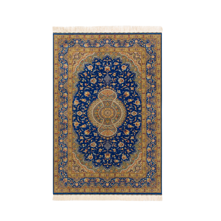سجادة فارسية حريرية مصنوعة يدويًا Mihrab، بلون أزرق، 148 × 99 cm