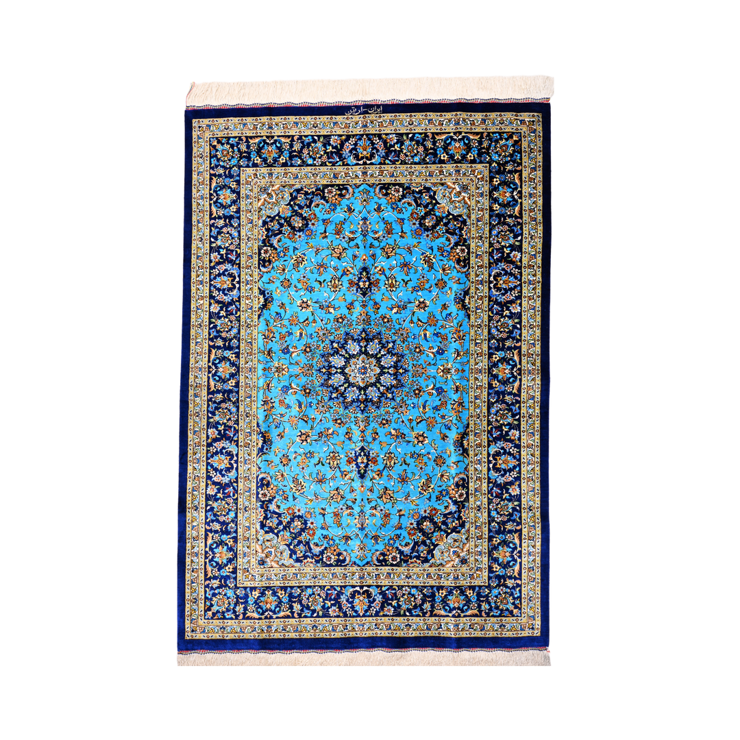 Central Medallion Persian handmade silk rug in Blue, 142 × 97 cm