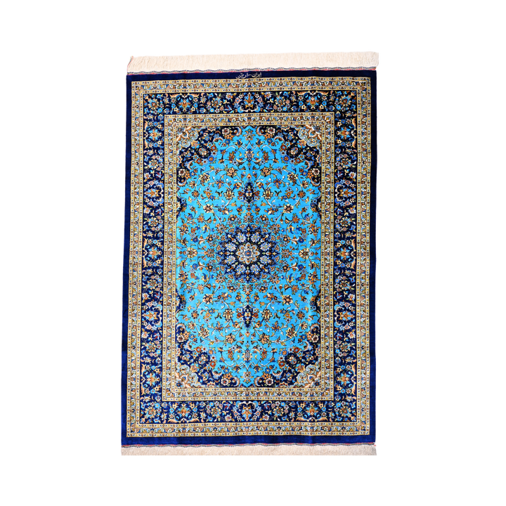 Central Medallion Persian handmade silk rug in Blue, 142 × 97 cm
