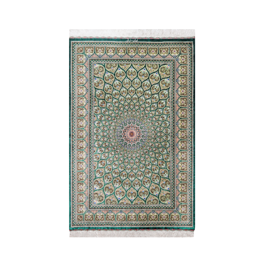 Islamic Persian handmade silk rug in Green, 145 × 100 cm