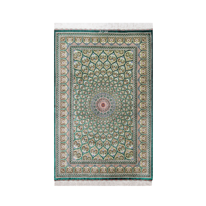 Islamic Persian handmade silk rug in Green, 145 × 100 cm