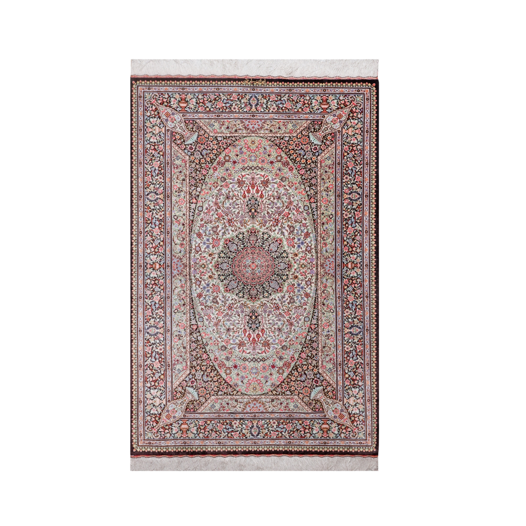 Central Medallion Persian handmade silk rug in Dark Brown, 155 × 98 cm