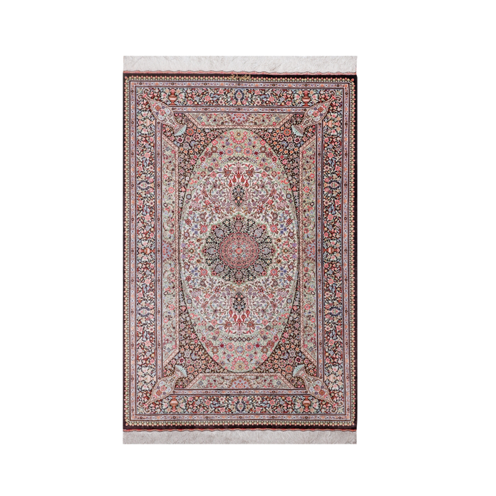 Central Medallion Persian handmade silk rug in Dark Brown, 155 × 98 cm