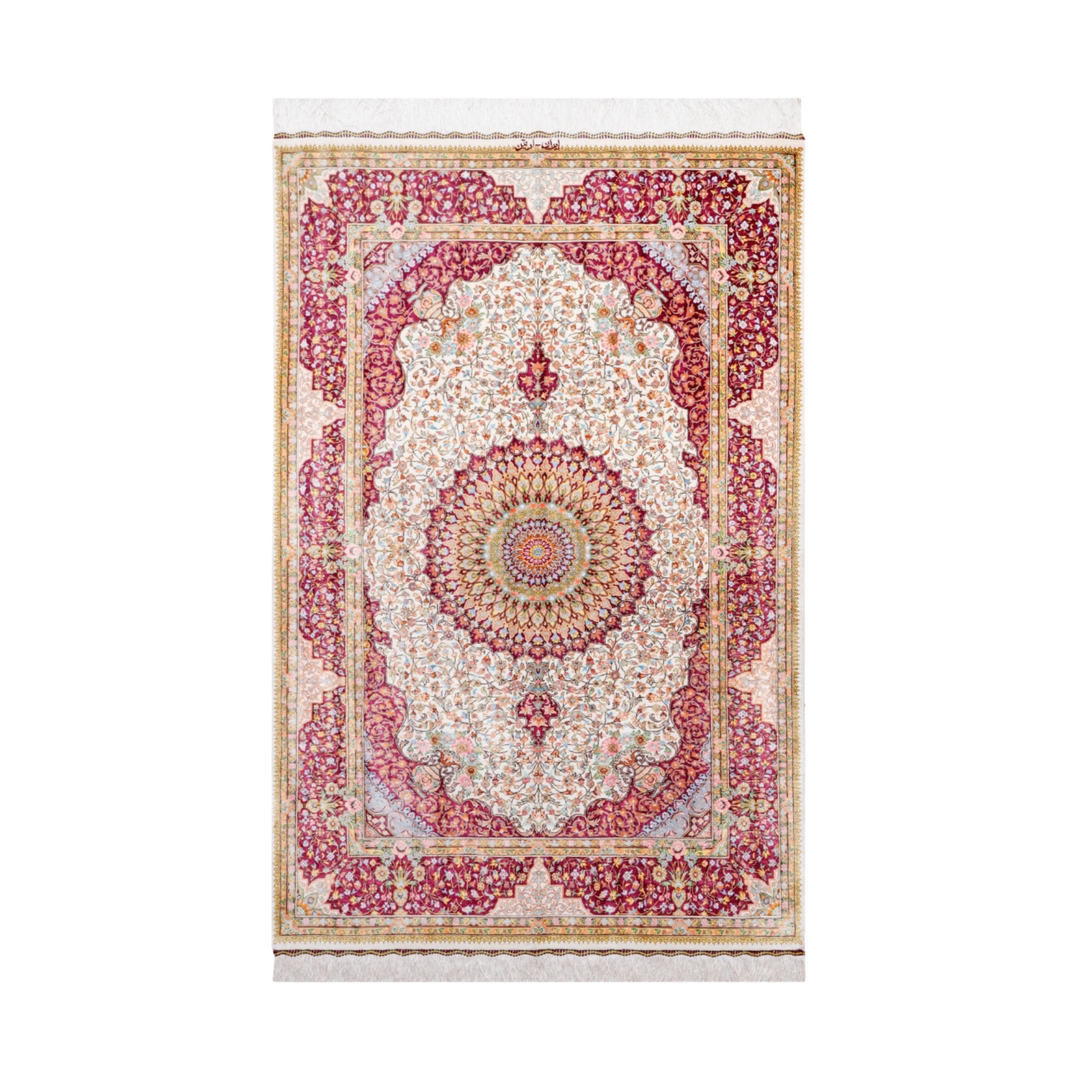 Medallion Persian handmade silk rug in Beige, 151 × 98 cm