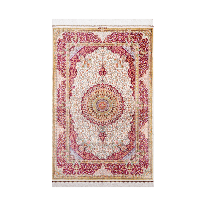 سجادة فارسية حريرية مصنوعة يدويًا Medallion، بلون بيج، 151 × 98 cm
