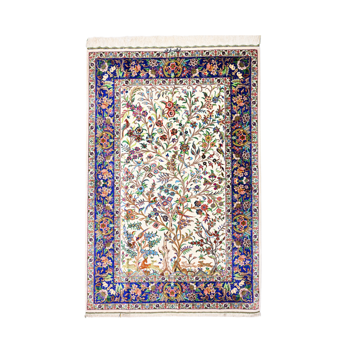 Life Tree Persian handmade silk rug in Cream, 147 × 98 cm