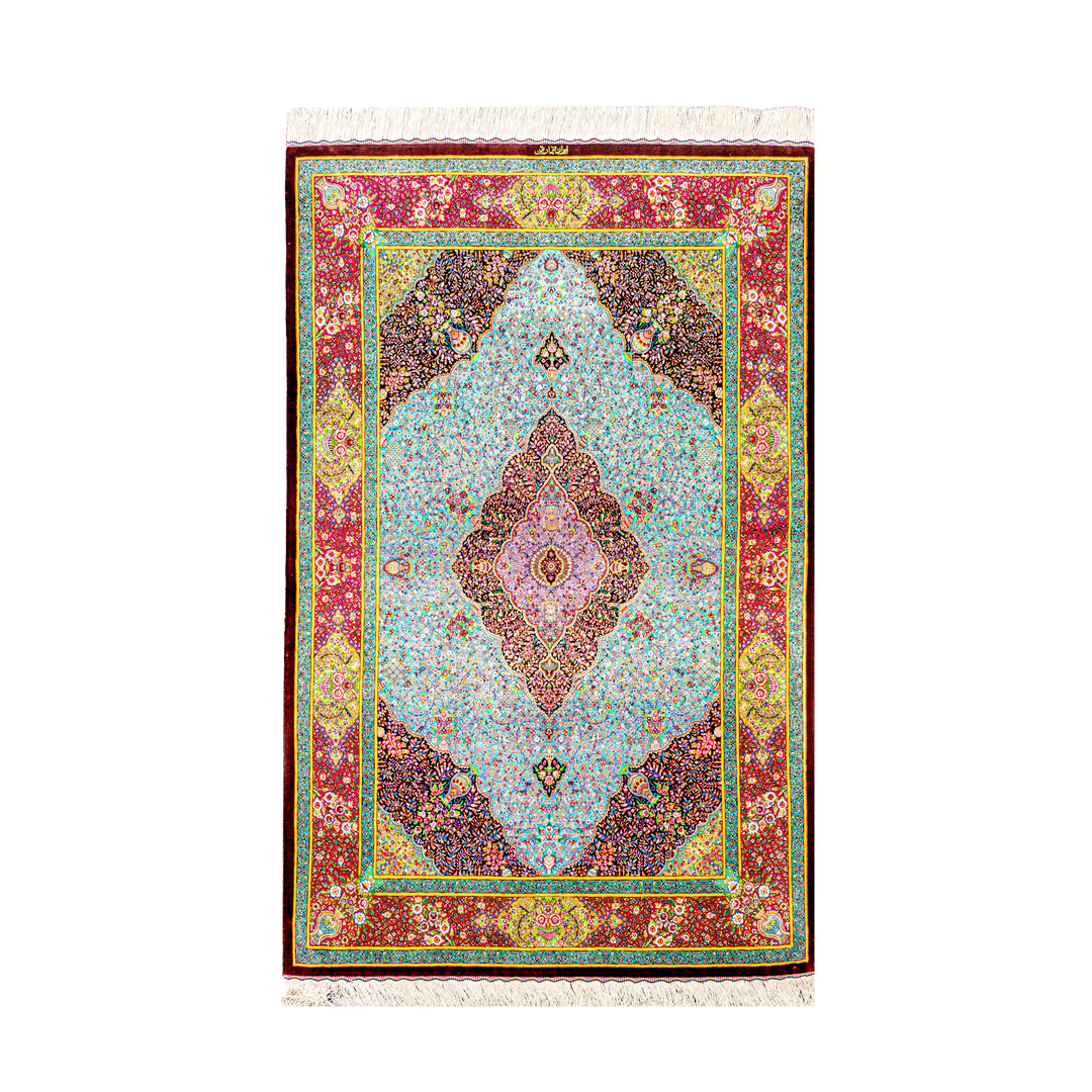 Prayer Persian handmade silk rug in Maroon, 196 × 127 cm