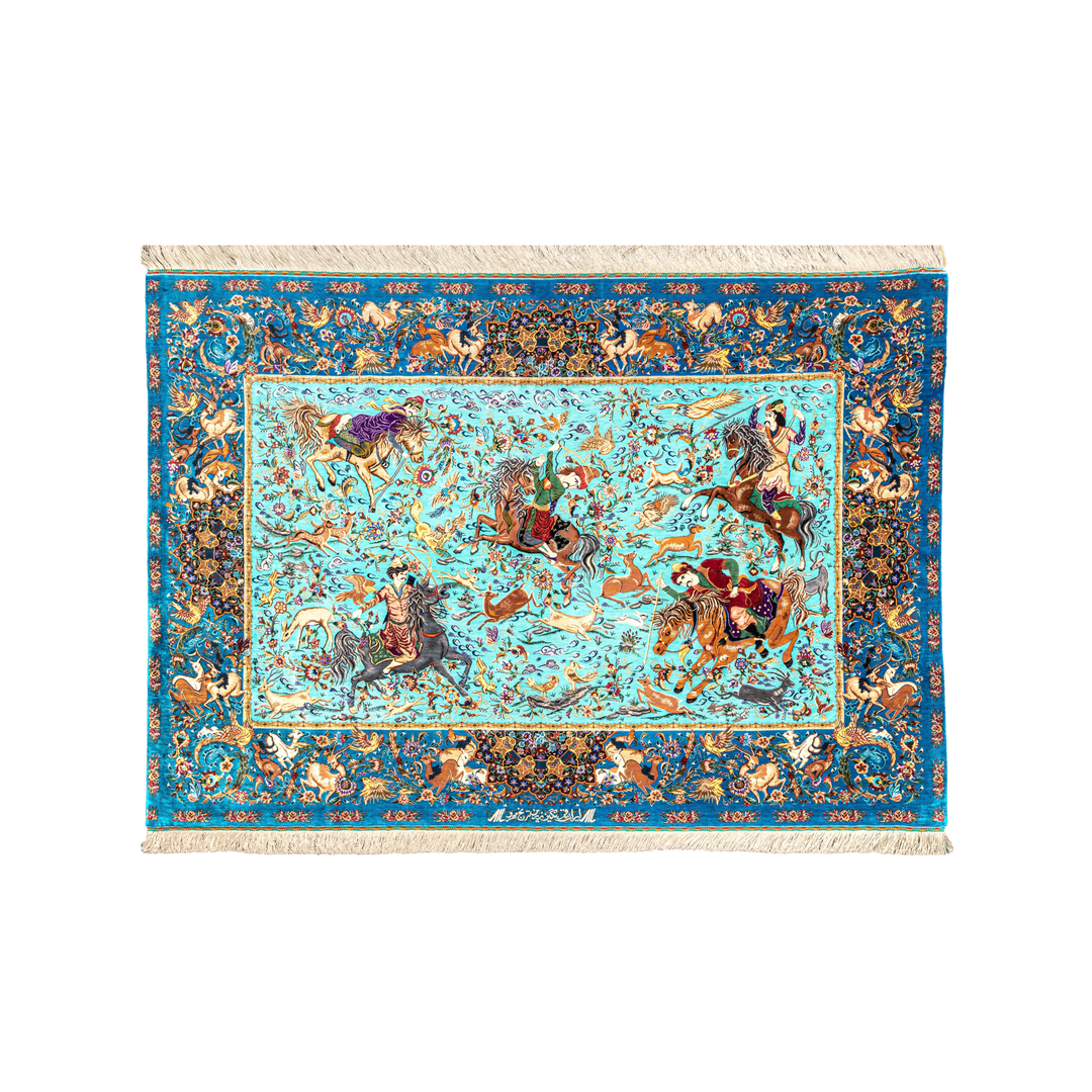 Hunting Persian handmade silk rug in Blue, 198 × 135 cm