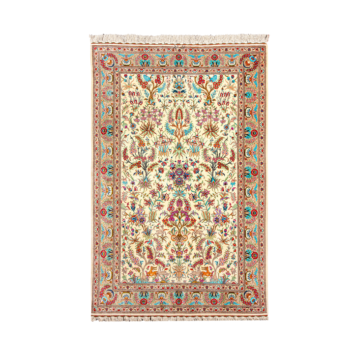 سجادة فارسية حريرية مصنوعة يدويًا Tree of life، بلون بيج، 203 × 131 cm