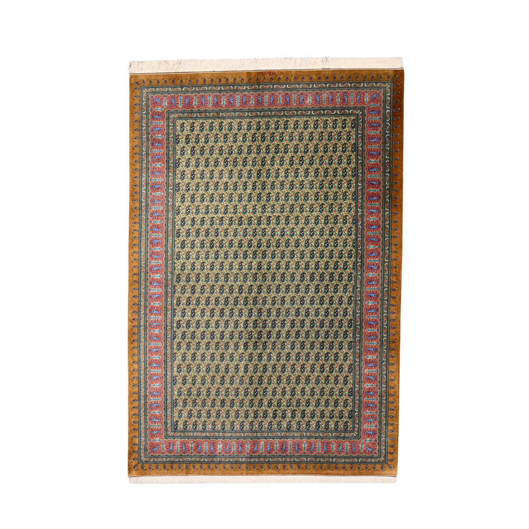 Paisley Persian handmade silk rug in Gold, 296 × 199 cm