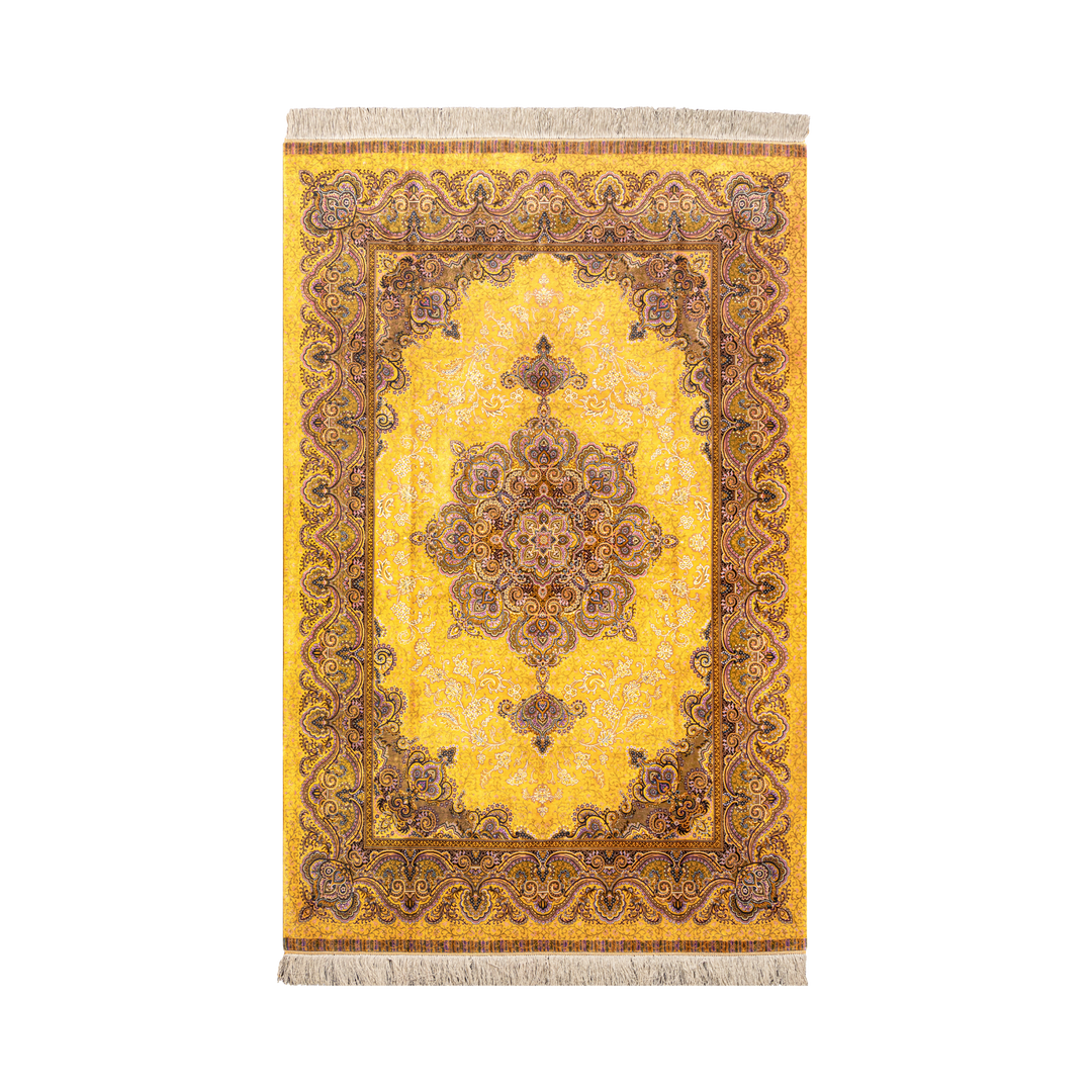 Central Medallion Persian handmade silk rug in Yellow, 212 × 135 cm