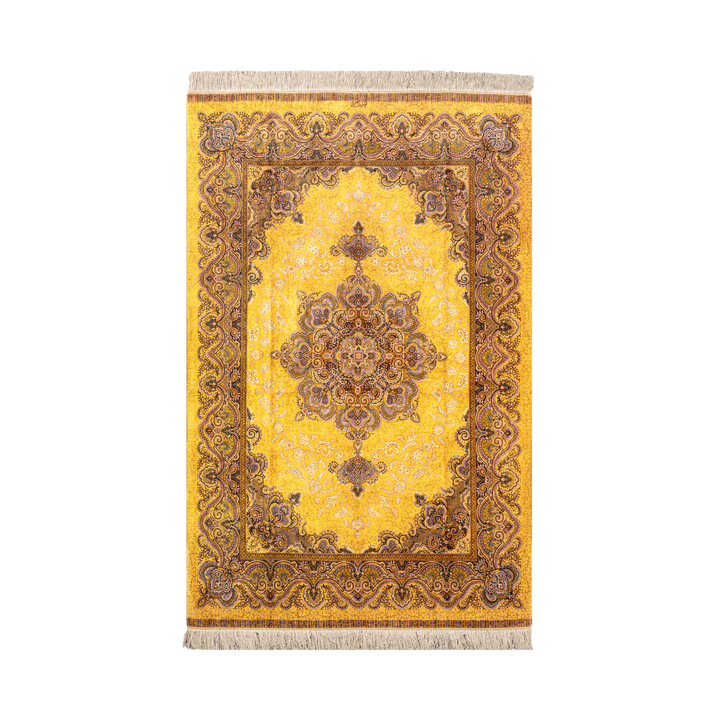 Central Medallion Persian handmade silk rug in Yellow, 212 × 135 cm