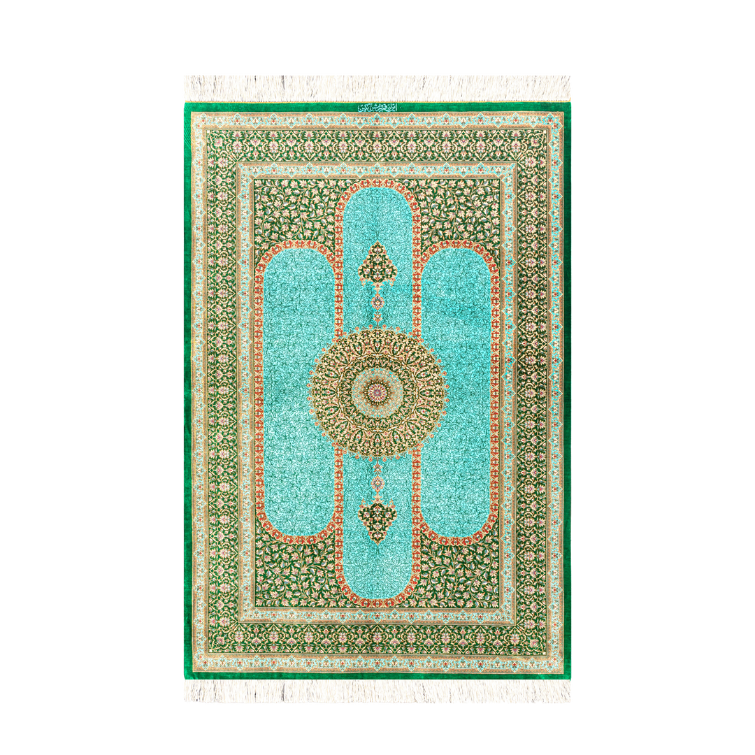 Prayer Persian handmade silk rug in Green, 200 × 133 cm