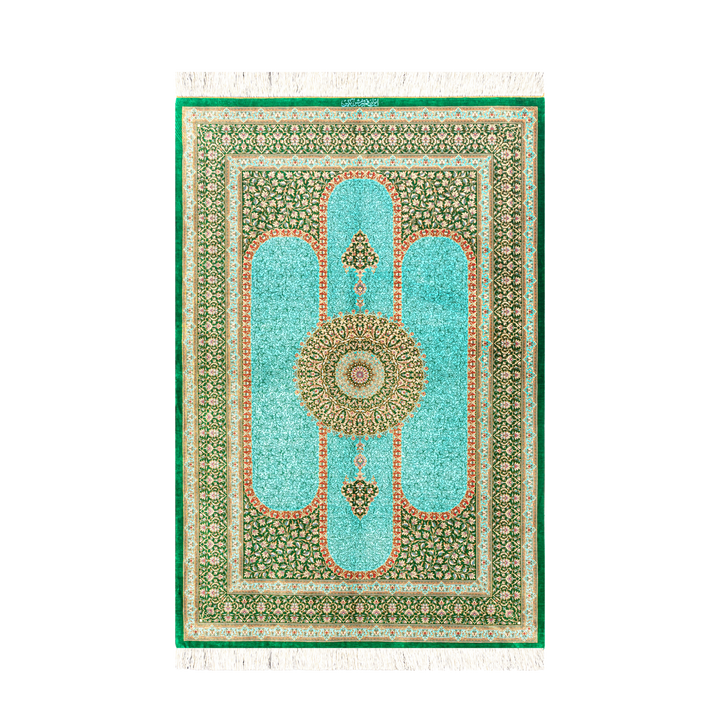 سجادة فارسية حريرية مصنوعة يدويًا Prayer، بلون أخضر، 200 × 133 cm