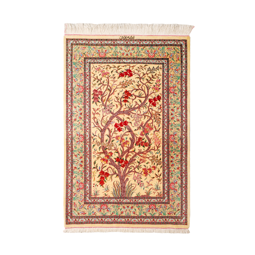 Life Tree Persian handmade silk rug in Beige, 123 × 83 cm
