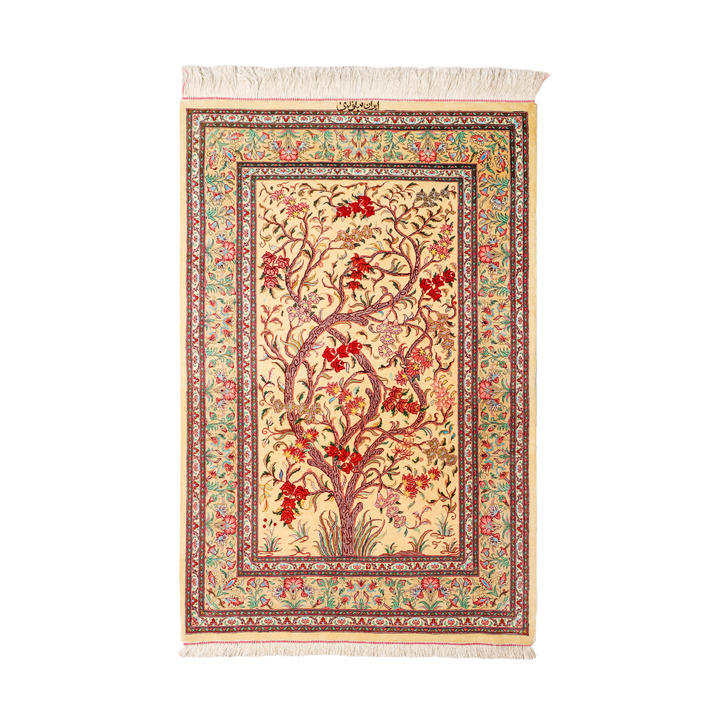 Life Tree Persian handmade silk rug in Beige, 123 × 83 cm