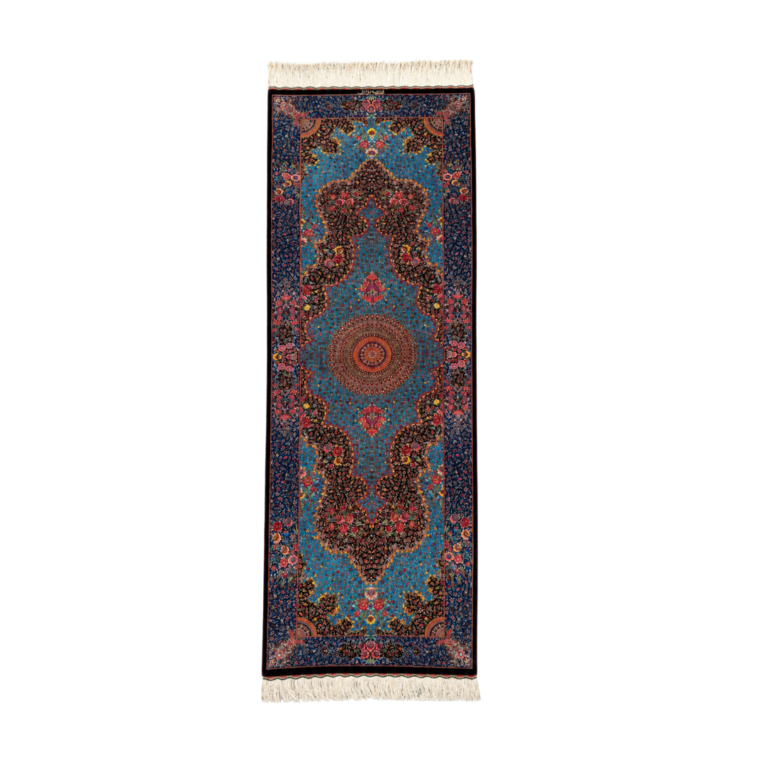 Medallion Persian handmade silk rug in Black, 205 × 74 cm