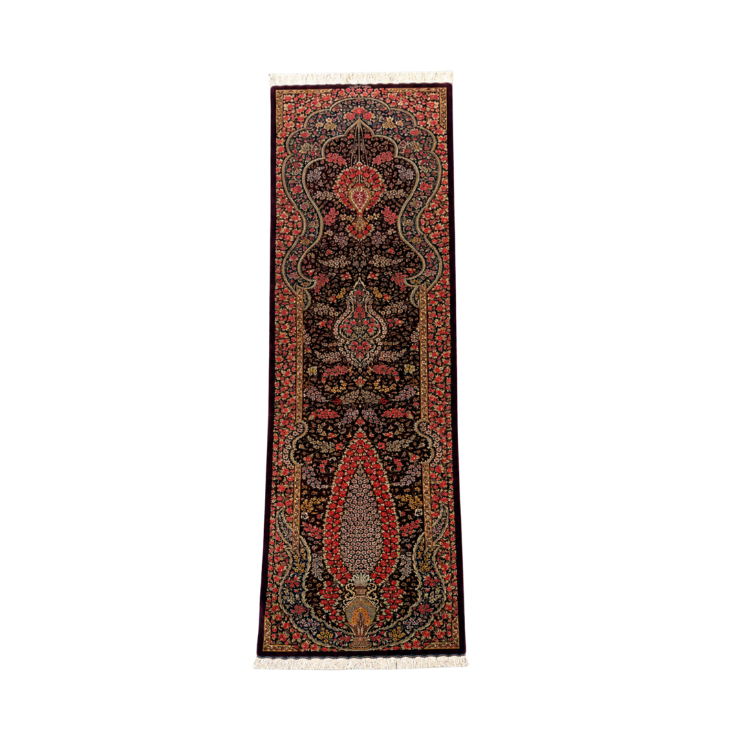 Vase Tree Of Life Persian handmade silk rug in Aubergine, 295 × 71 cm