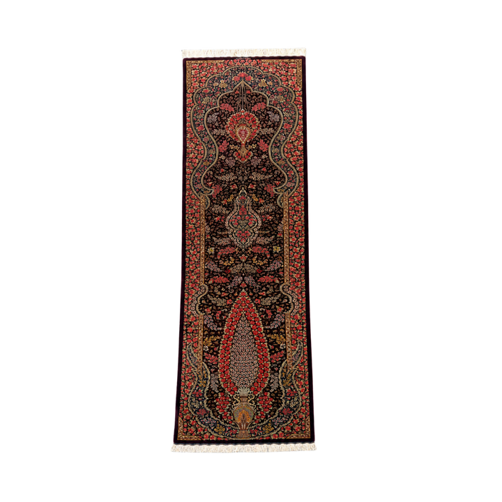 Vase Tree Of Life Persian handmade silk rug in Aubergine, 295 × 71 cm