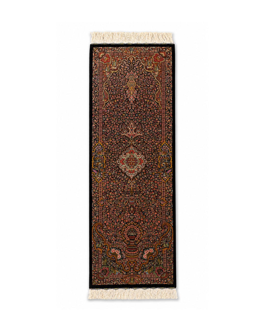 Vase Tree Of Life Persian handmade silk rug in Black, 151 × 50 cm