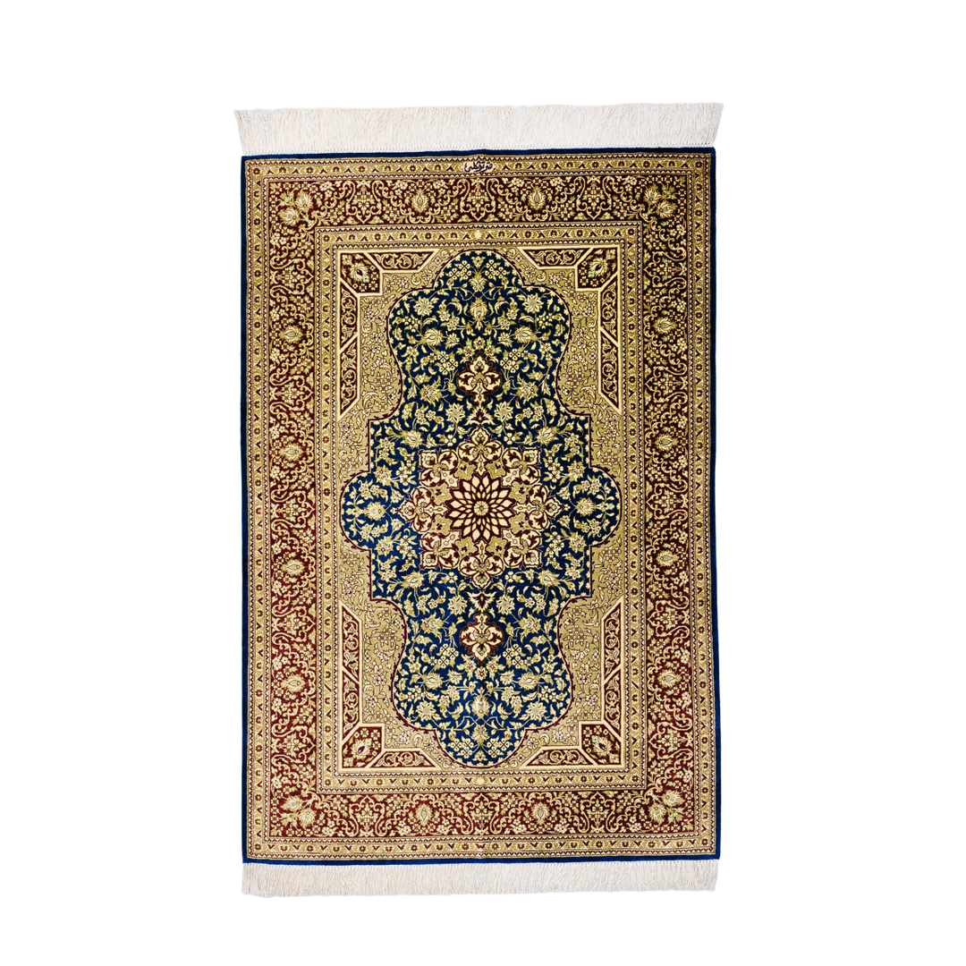 Prayer Persian handmade silk rug in Blue, 119 × 80 cm