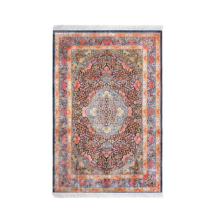 سجادة فارسية حريرية مصنوعة يدويًا Scalloped medallion، بلون أزرق، 300 × 200 cm