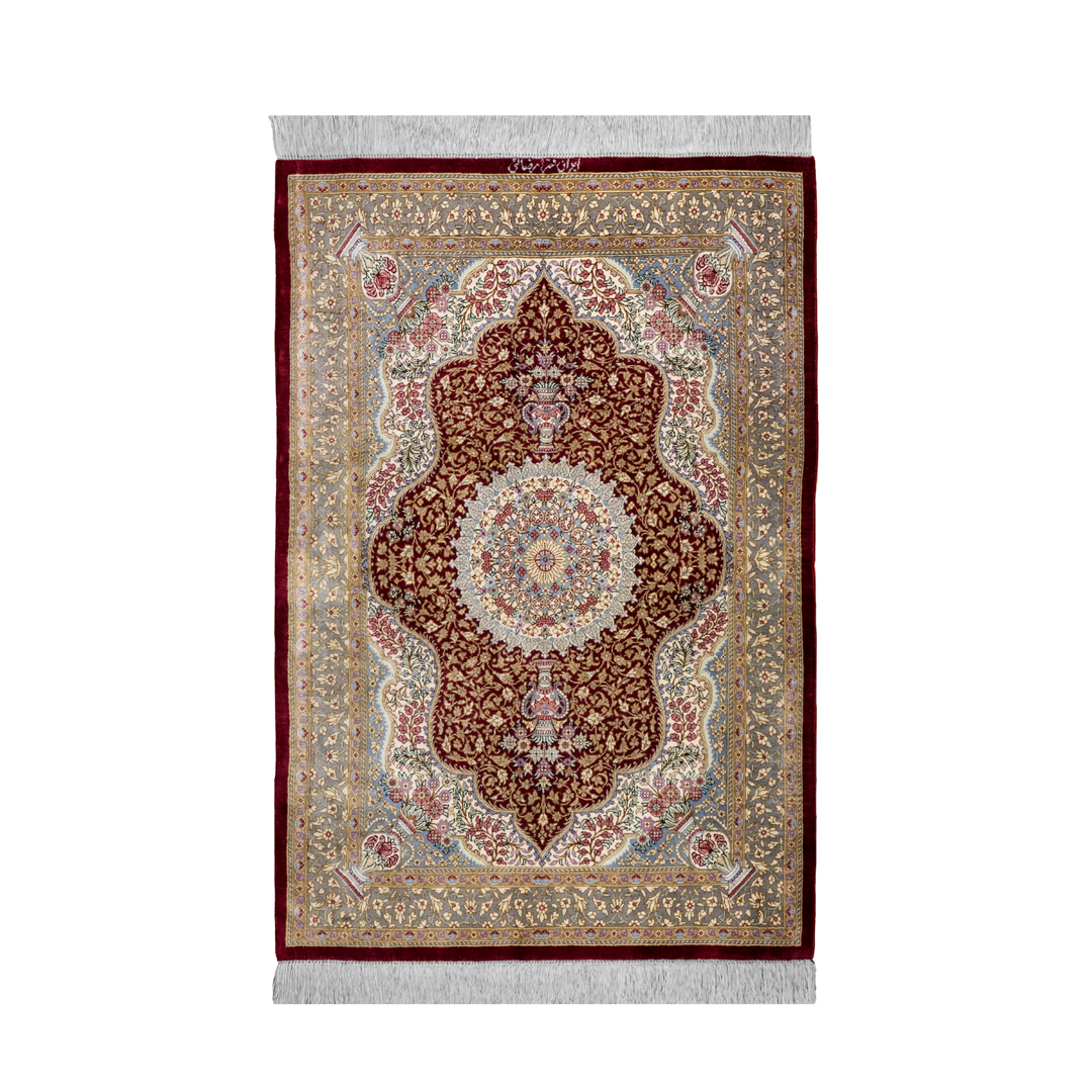 Prayer Persian handmade silk rug in Red, 115 × 76 cm