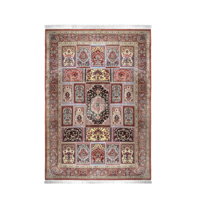 Kheshti 波斯手工丝绸地毯，桃色，300 × 200 cm