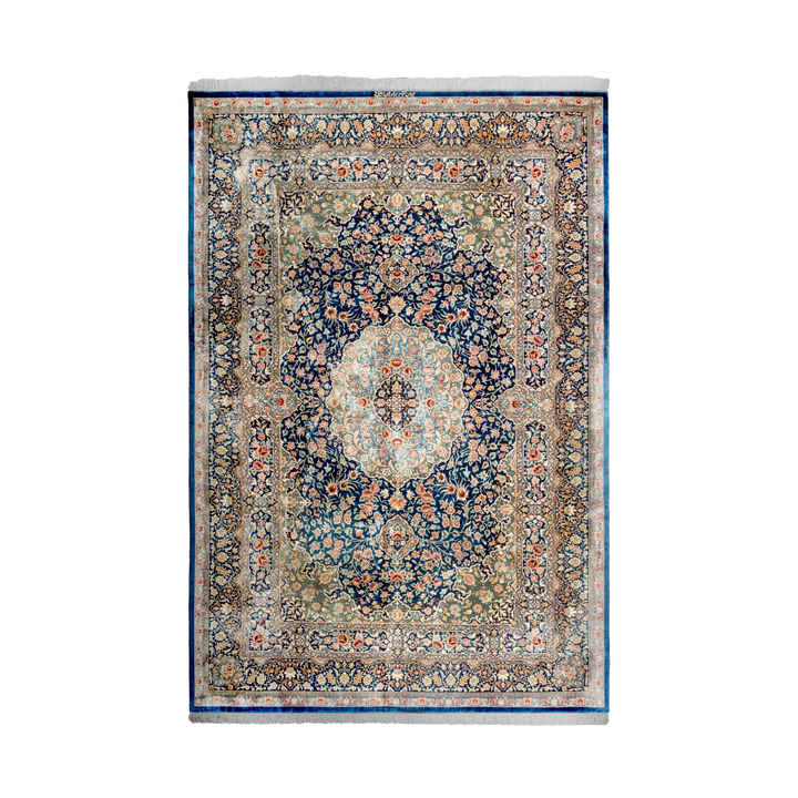 Shah abbasi floral Persian handmade silk rug in Blue, 300 × 200 cm