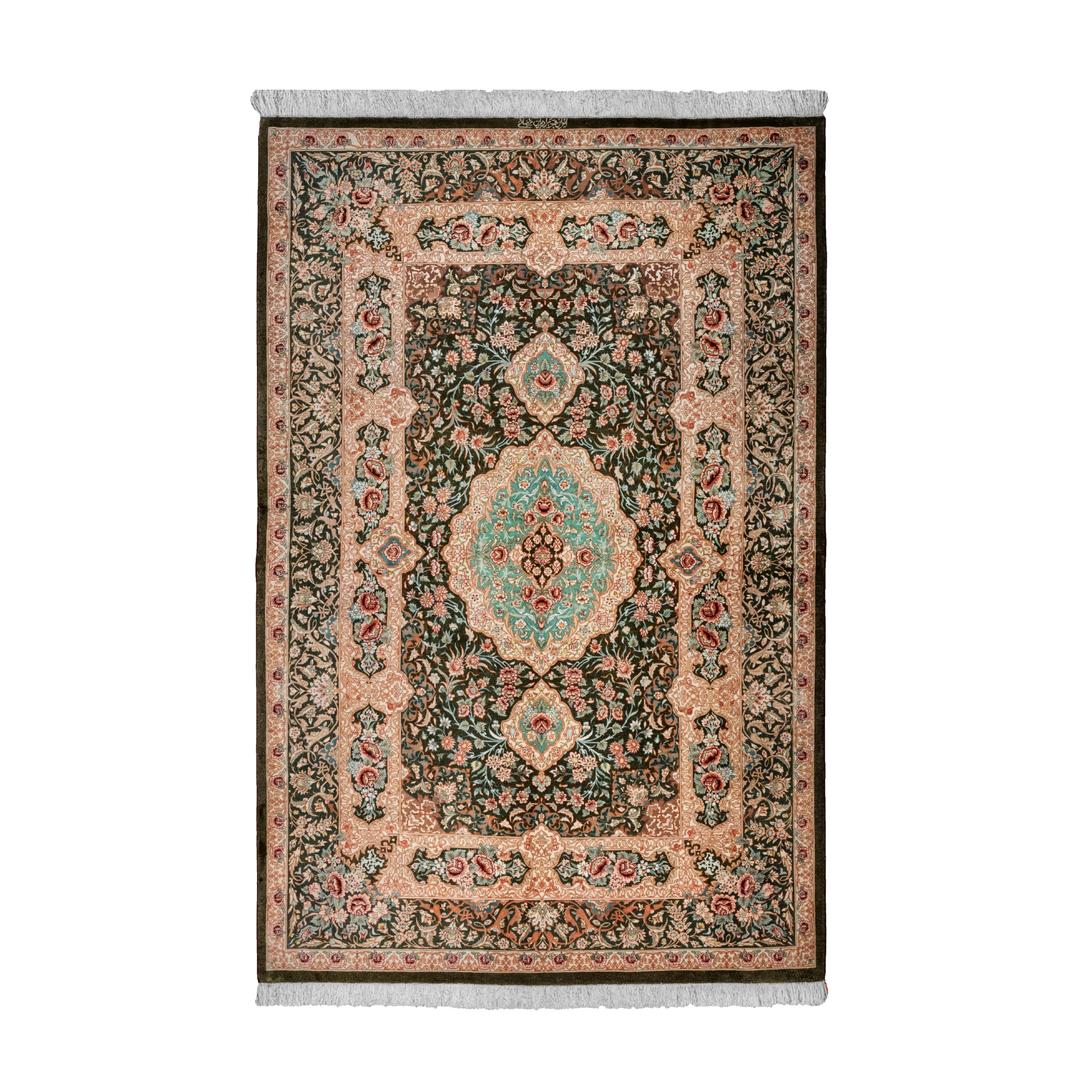 Central Medallion Persian handmade silk rug in Olive Green, 200 × 150 cm