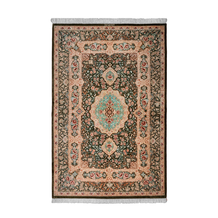Central Medallion Persian handmade silk rug in Olive Green, 200 × 150 cm