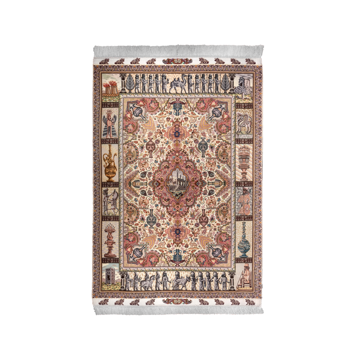 Takhte Jamshid Persian handmade wool and silk rug in Beige, 200 × 150 cm