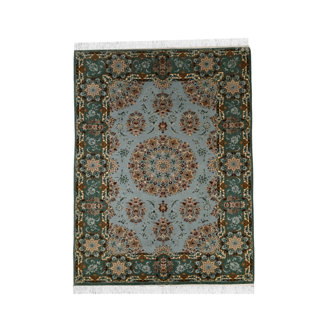 Medallion Persian handmade wool and silk rug in Green, 199 × 127 cm