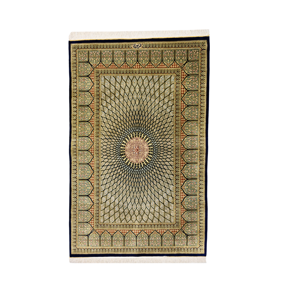Islamic Persian handmade silk rug in Dark Blue, 121 × 78 cm