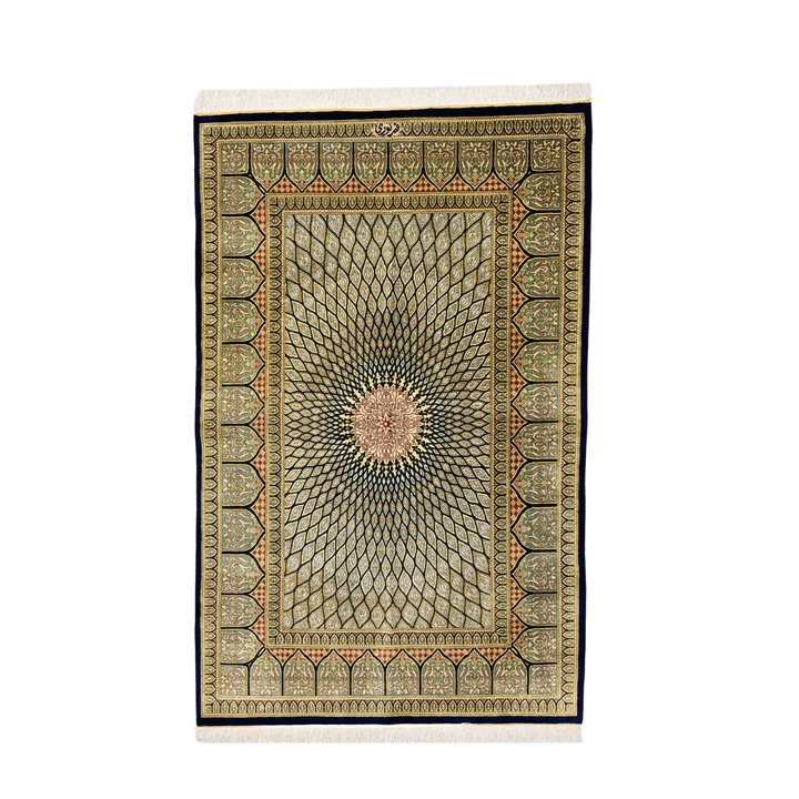 Islamic Persian handmade silk rug in Dark Blue, 121 × 78 cm