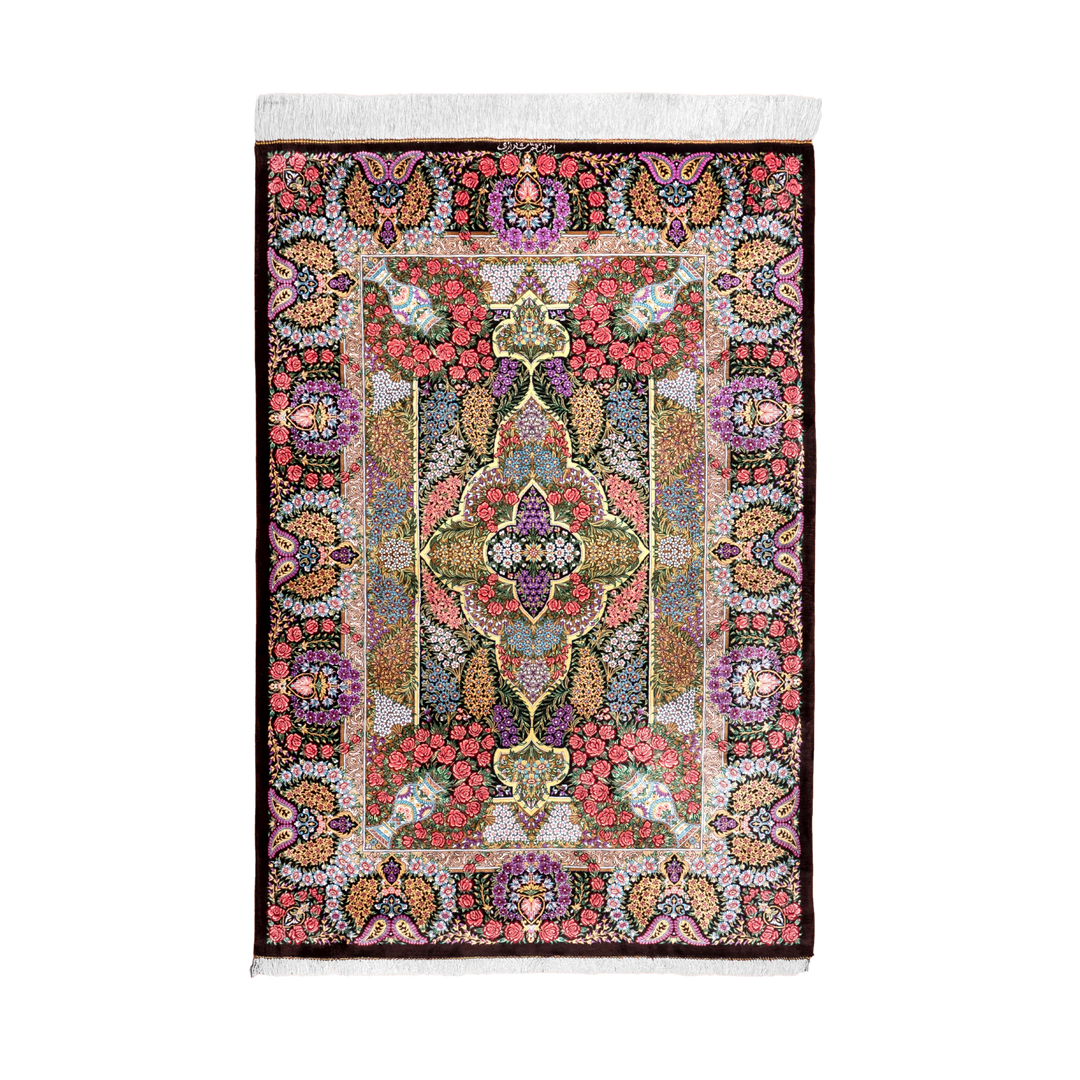 Cross Medallion Panel Persian handmade silk rug in Dark Brown, 146 × 100 cm